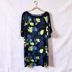 Tahari Navy Dress with Lime and Blue Leaf Print